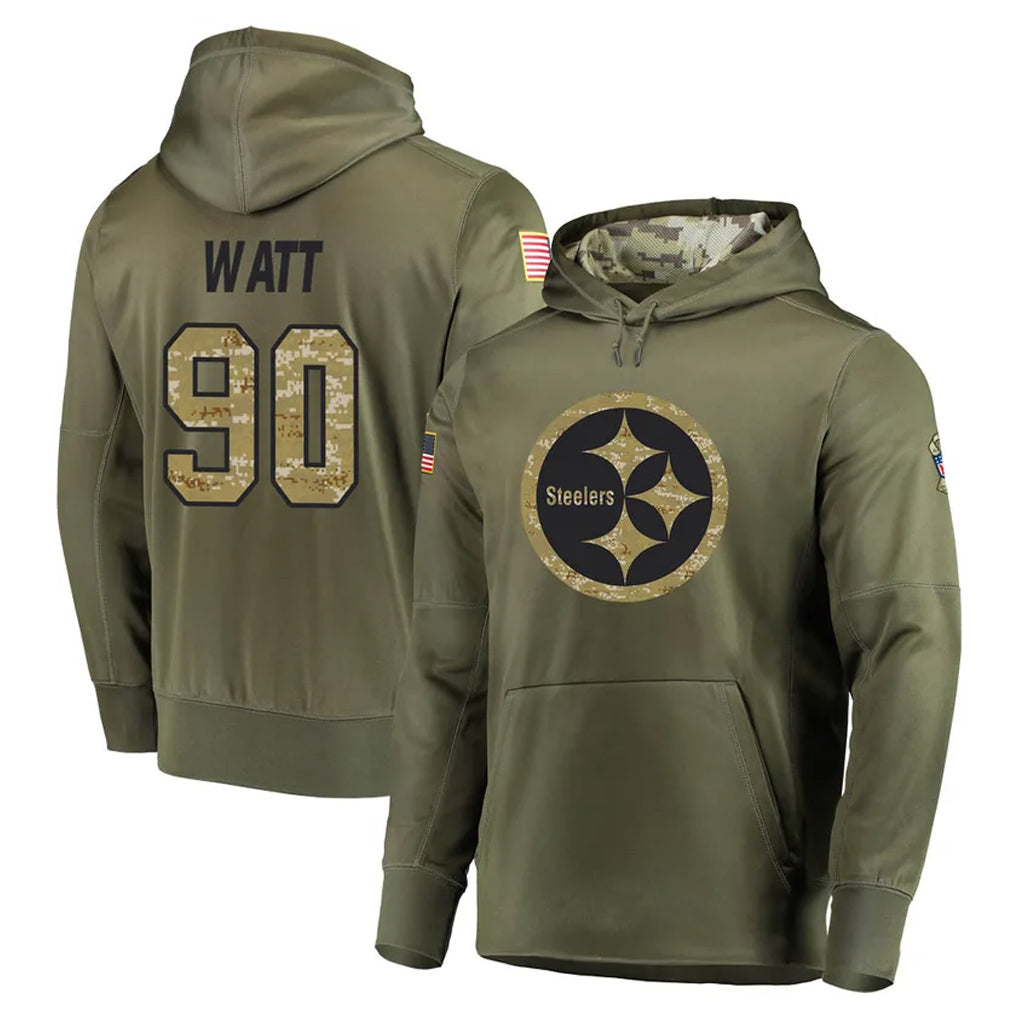 P.Steelers #90 T.J. Watt Player Olive Salute to Service Pullover Hoodie Home Game ROCER Stitched Jerseys