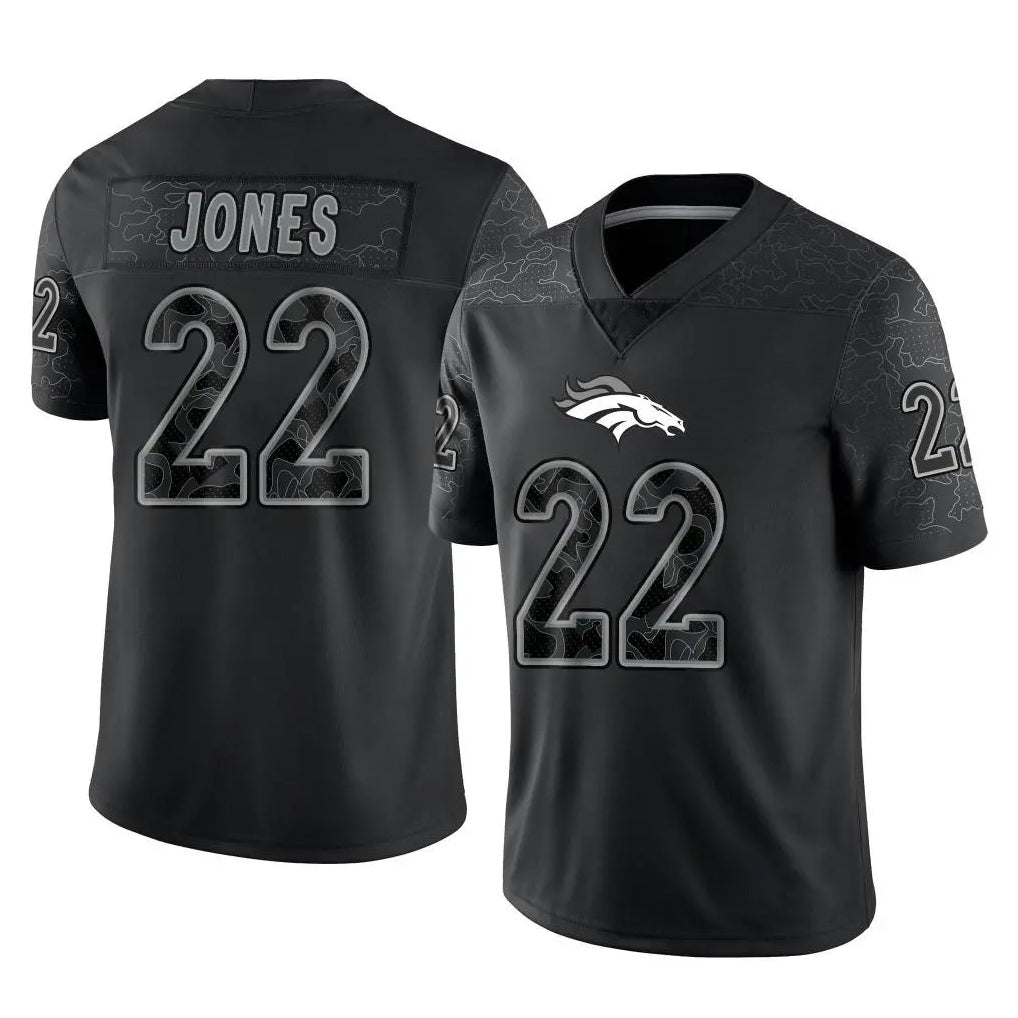 D.Broncos #22 Brandon Jones Player Black Reflective Limited ROCER Stitched Jerseys