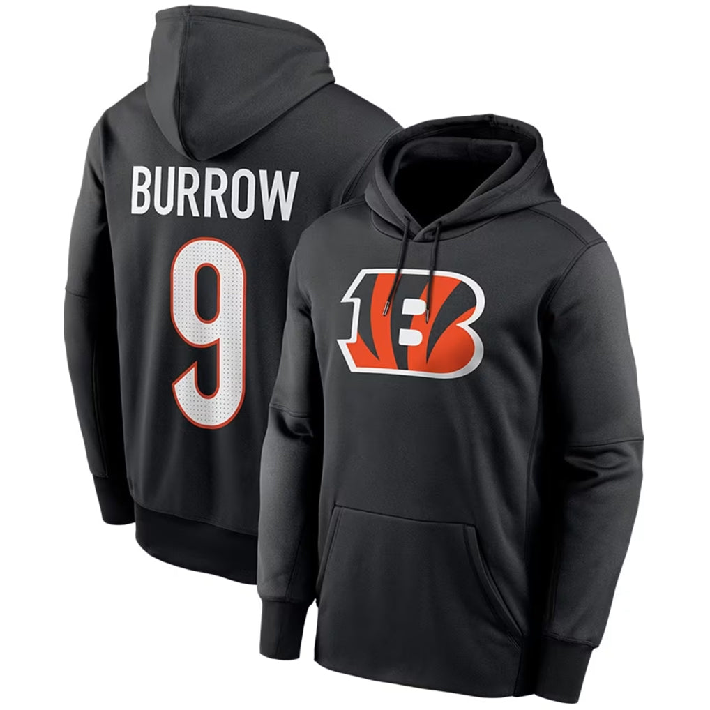 C.Bengals #9 Joe Burrow Player Black Salute to Service Pullover Hoodies Game ROCER Stitched Jerseys