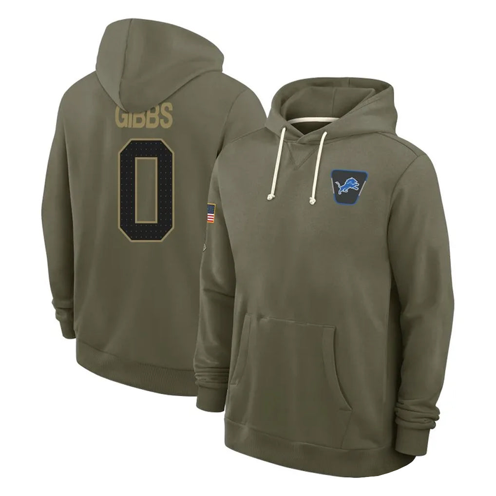 D.Lions #0 Jahmyr Gibbs Player Olive Salute to Service Pullover Hoodies Limited ROCER Stitched Jerseys