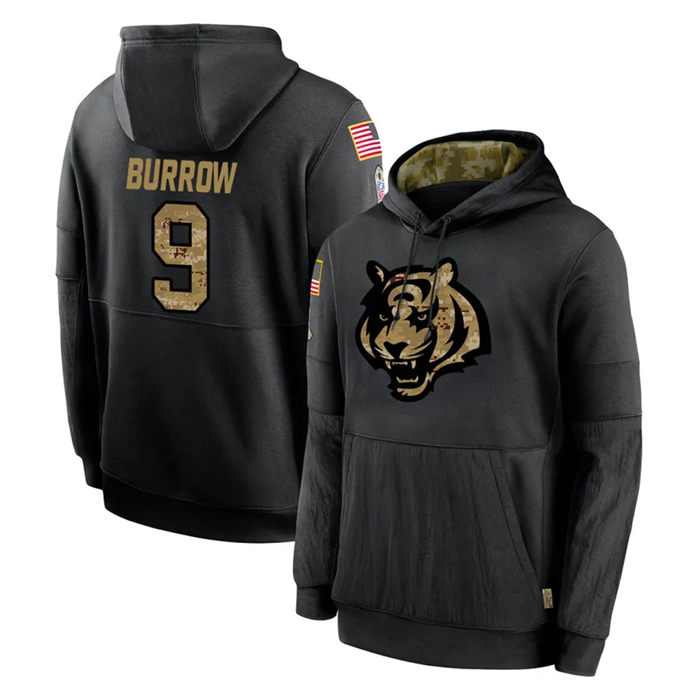 C.Bengals #9 Joe Burrow Player Black Salute to Service Pullover Hoodies Limited ROCER Stitched Jerseys