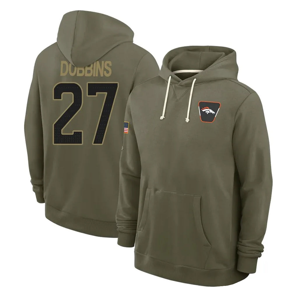 D.Broncos #27 J.K. Dobbins Player Olive Salute to Service Pullover Hoodies Limited ROCER Stitched Jerseys