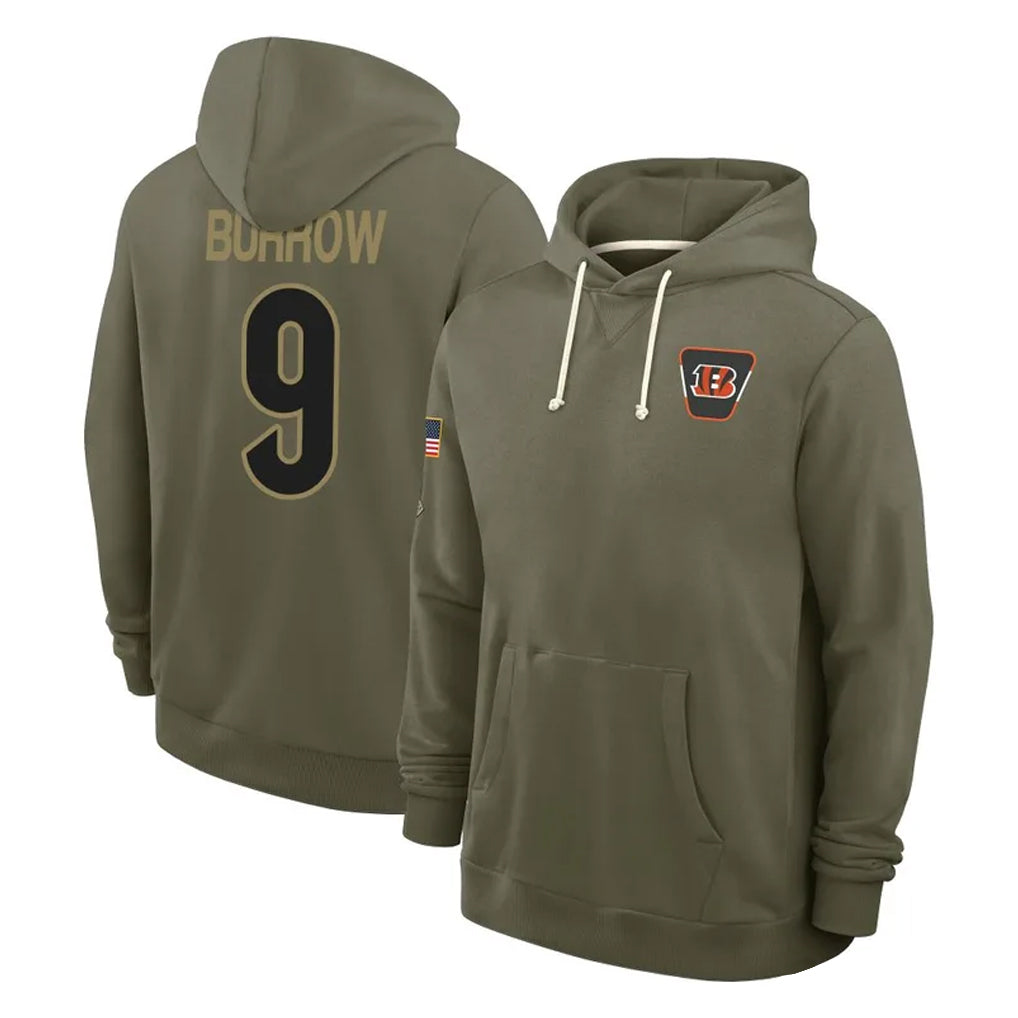 C.Bengals #9 Joe Burrow Player Olive Salute to Service Pullover Hoodies Limited ROCER Stitched Jerseys