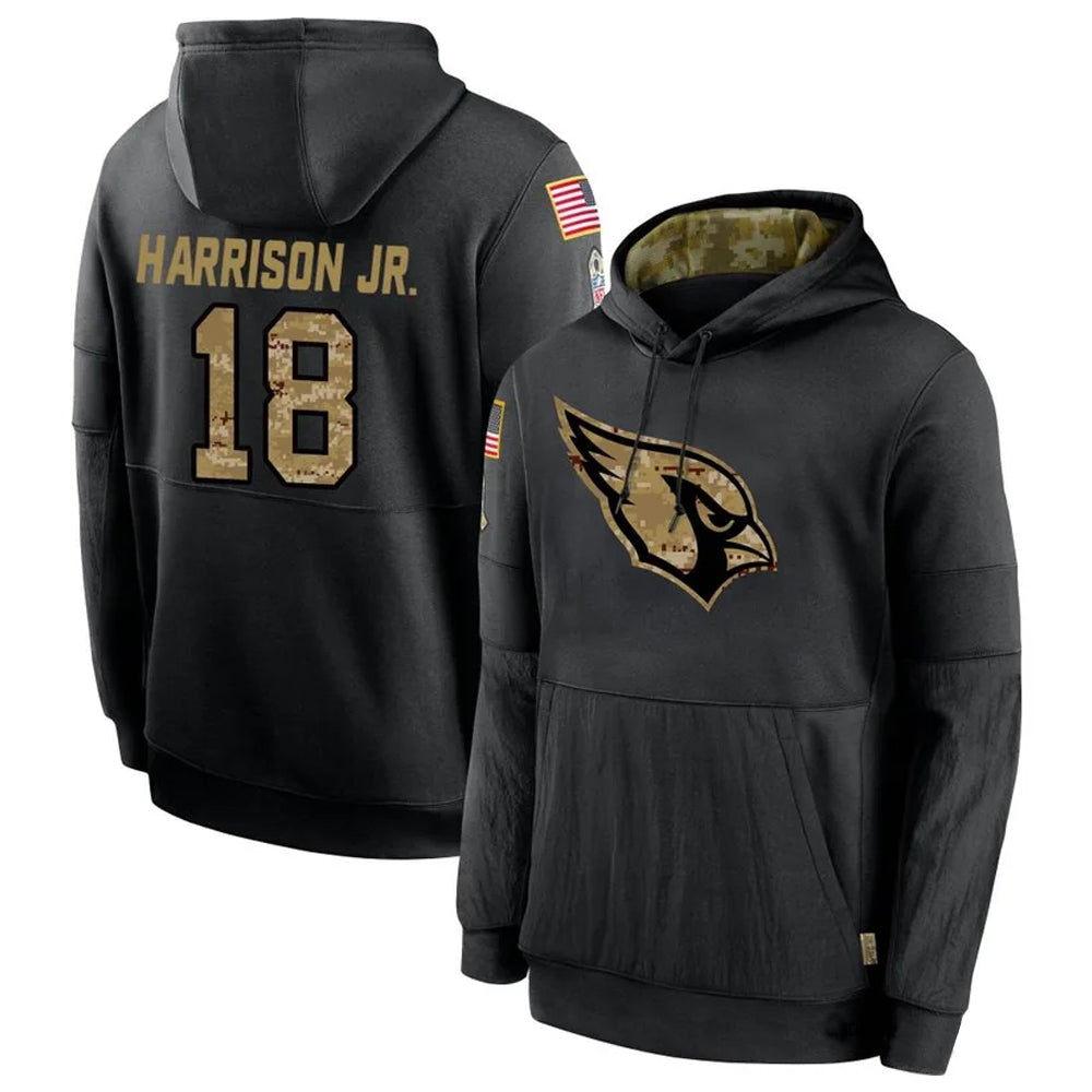 A.Cardinals #18 Marvin Harrison Jr. Player Black Salute to Service Hoodies ROCER Stitched Jerseys