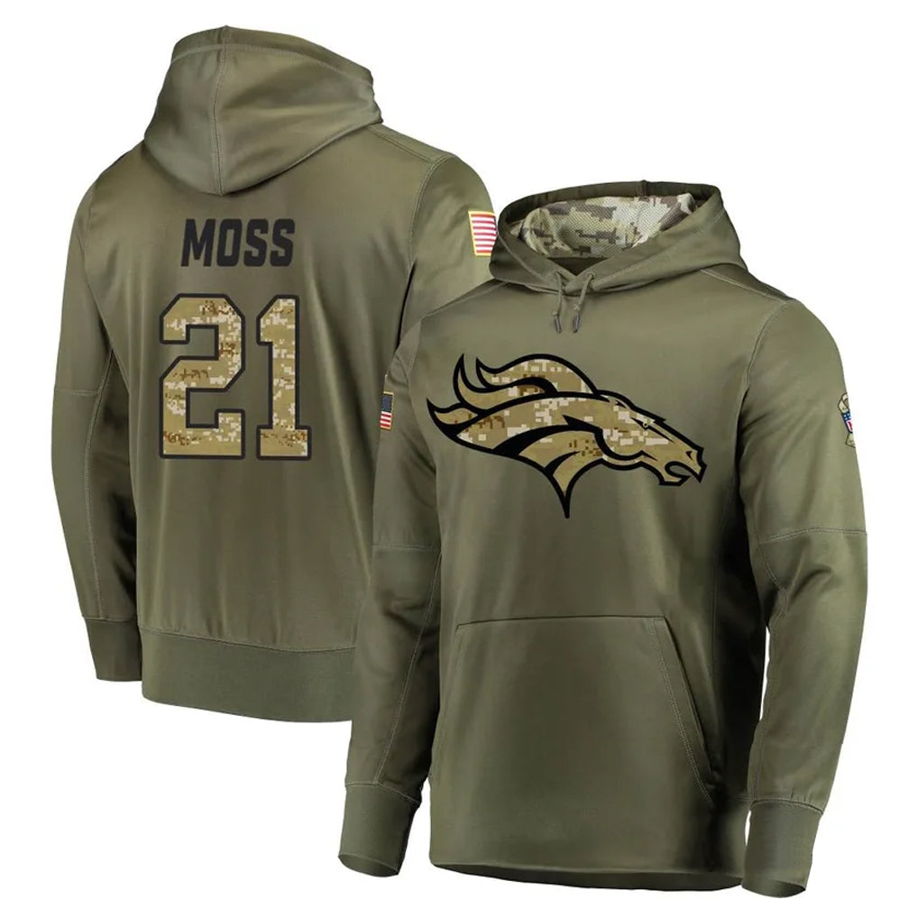 D.Broncos #21 Riley Moss Player Olive Salute to Service Pullover Hoodies Home Game ROCER Stitched Jerseys
