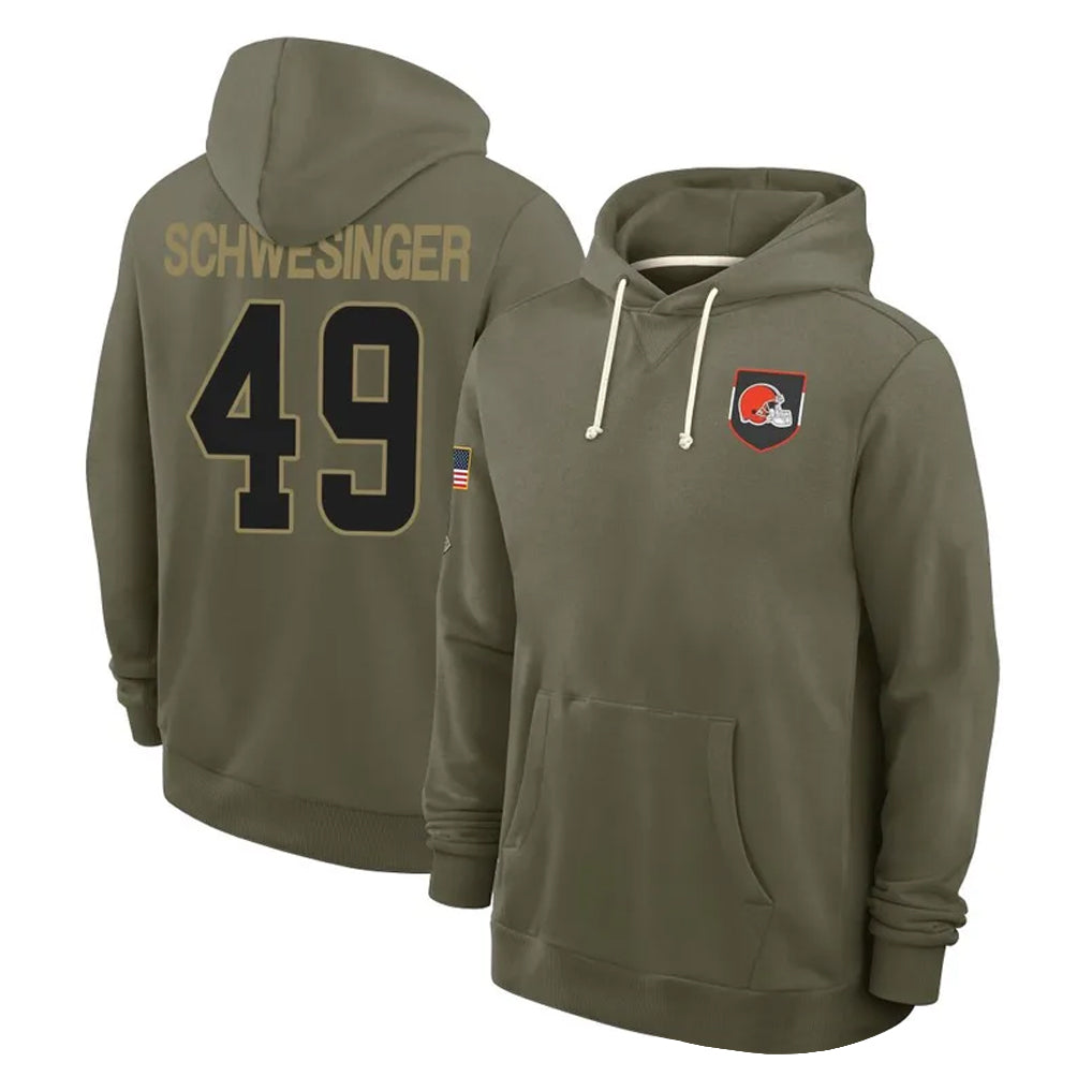 C.Browns #49 Carson Schwesinger Player Olive Salute to Service Pullover Hoodies Limited ROCER Stitched Jerseys