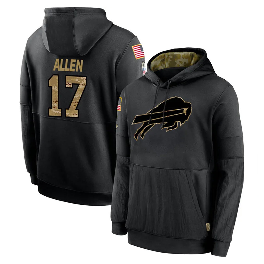 B.Bills #17 Josh Allen Player Black Salute to Service Hoodies Hame ROCER Stitched Jerseys