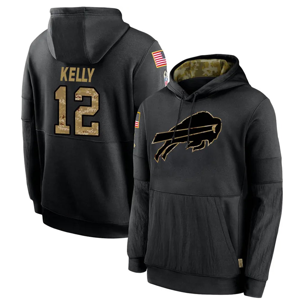 B.Bills #12 Jim Kelly Player Black Salute to Service Hoodies Hame ROCER Stitched Jerseys