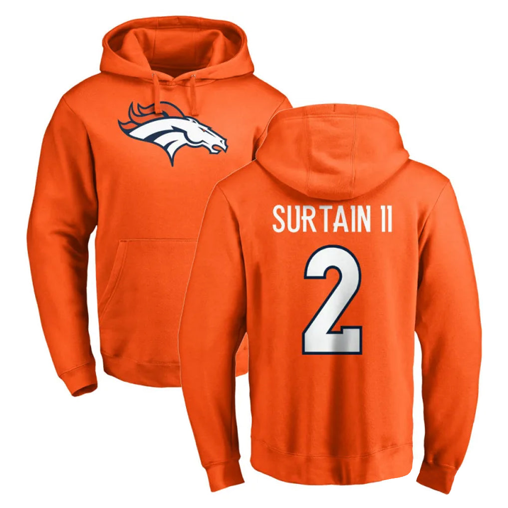 D.Broncos #2 Pat Surtain II Player Orange Pullover Hoodie Limited ROCER Stitched Jerseys