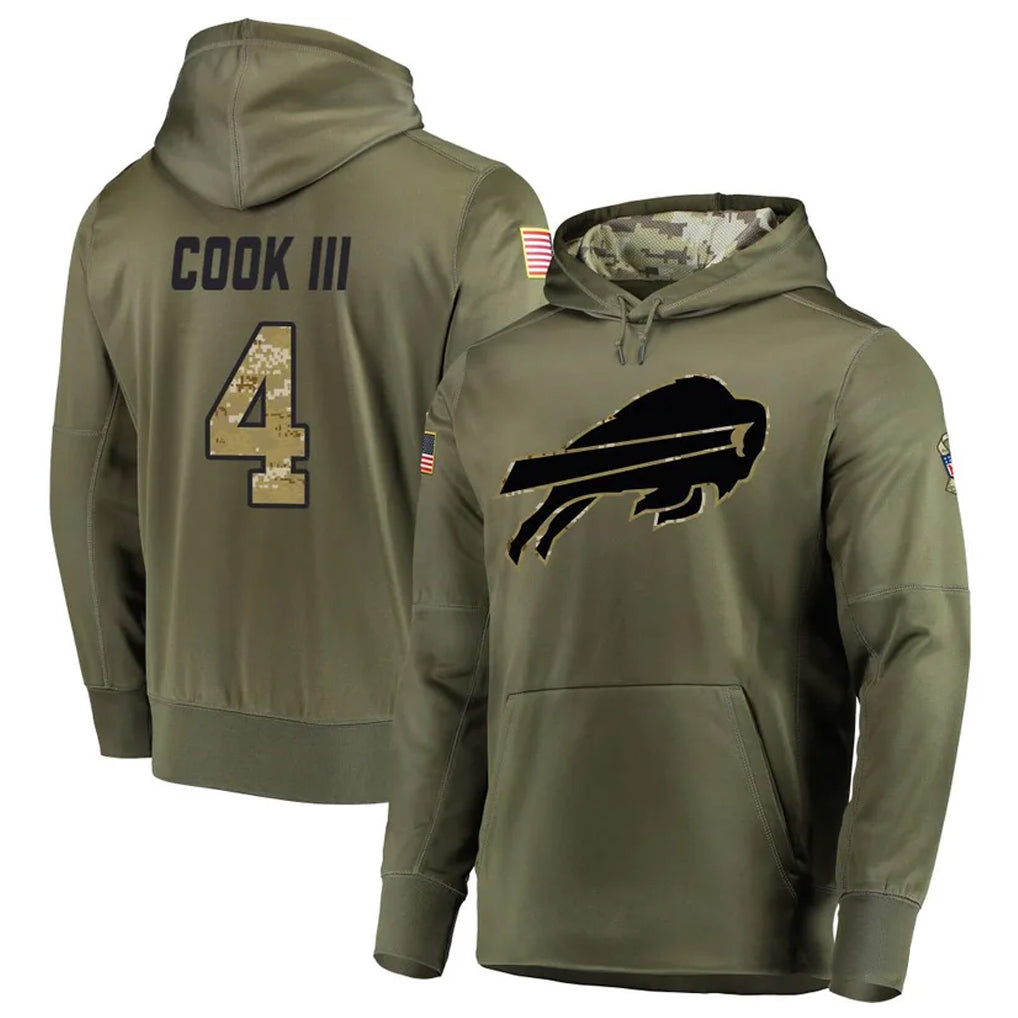 B.Bills #4 James Cook III Player Olive Salute to Service Hoodies Game ROCER Stitched Jerseys