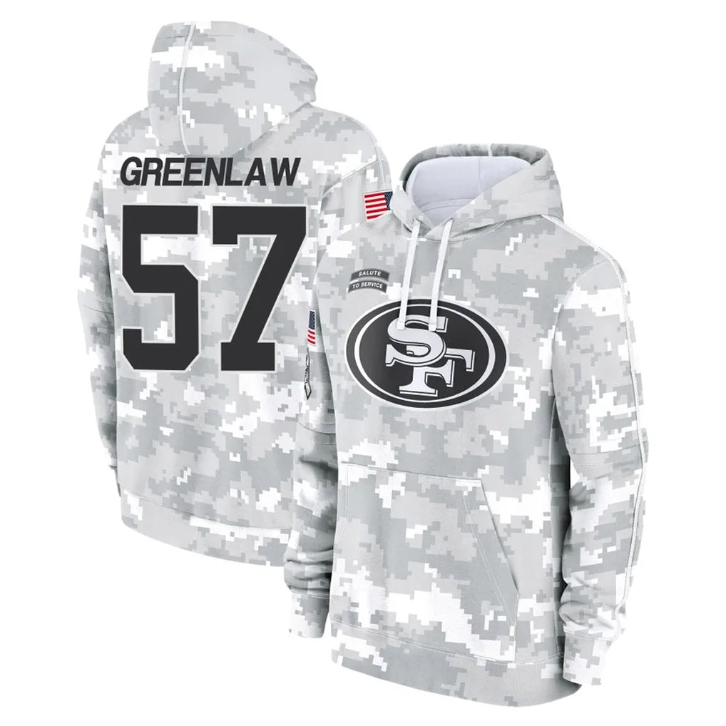 SF.49ers #57 Dre Greenlaw Player Arctic Camo Limited Salute to Service Pullover Hoodies Game ROCER Stitched Jerseys