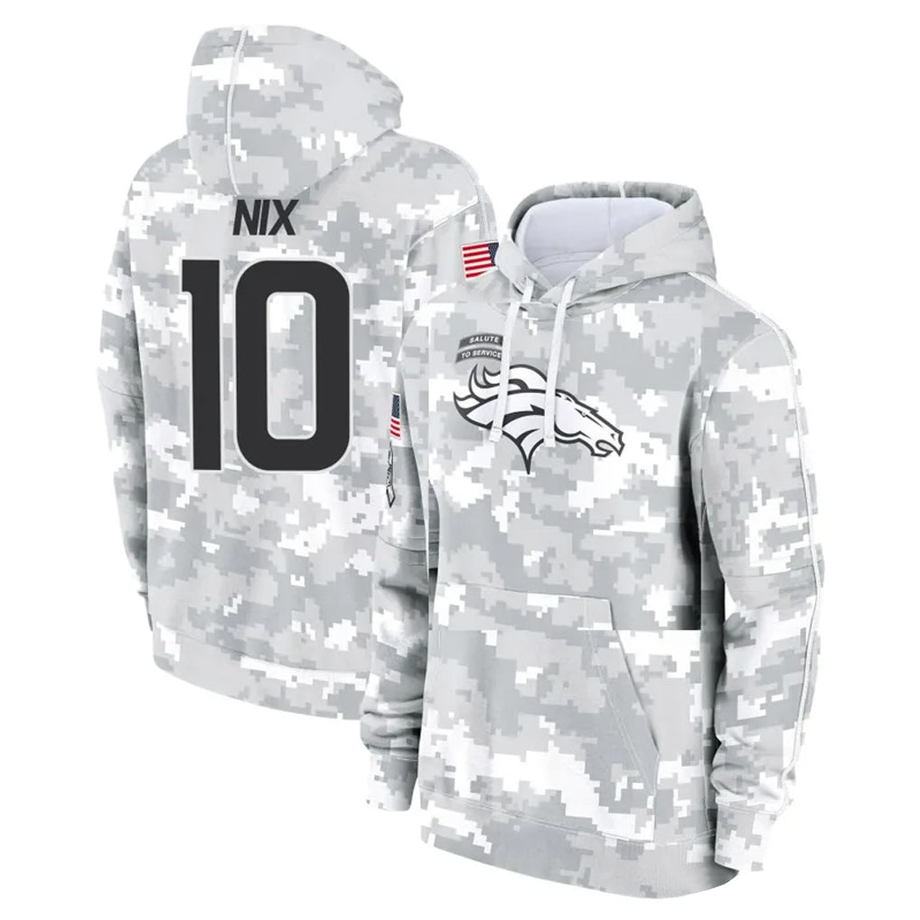 D.Broncos #10 Bo Nix Player Arctic Camo Salute to Service Hoodies Limited Game ROCER Stitched Jerseys