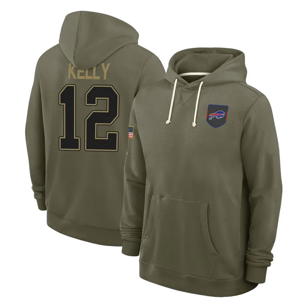 B.Bills #12 Jim Kelly Player Olive Salute to Service Hoodies ROCER Stitched Jerseys