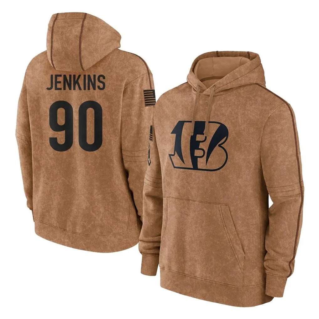 C.Bengals #90 Kris Jenkins Jr Player Brown Salute to Service Pullover Hoodie Limited ROCER Stitched Jerseys