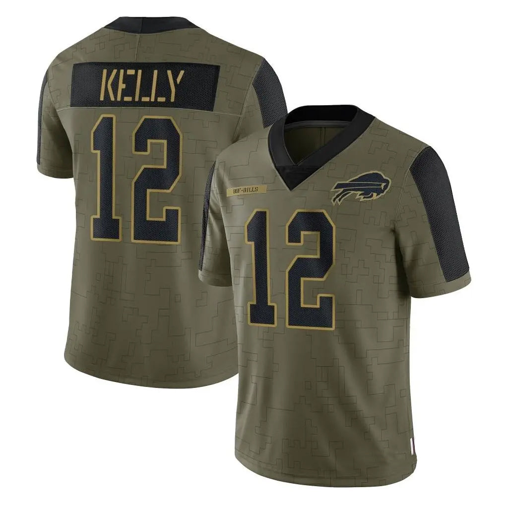 B.Bills #12 Jim Kelly Player Olive Salute To Service Limited Game ROCER Stitched Jerseys