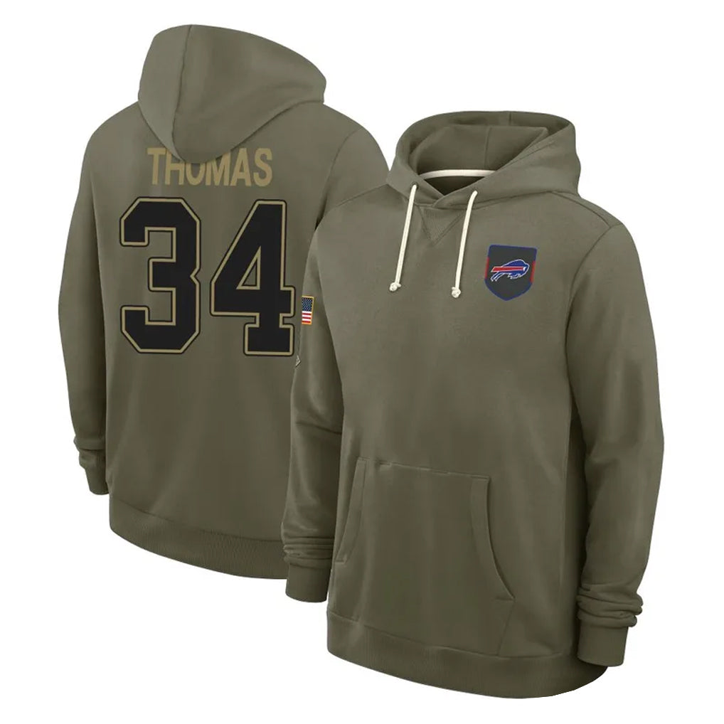 B.Bills #34 Thurman Thomas Player Olive Salute to Service Hoodies ROCER Stitched Jerseys
