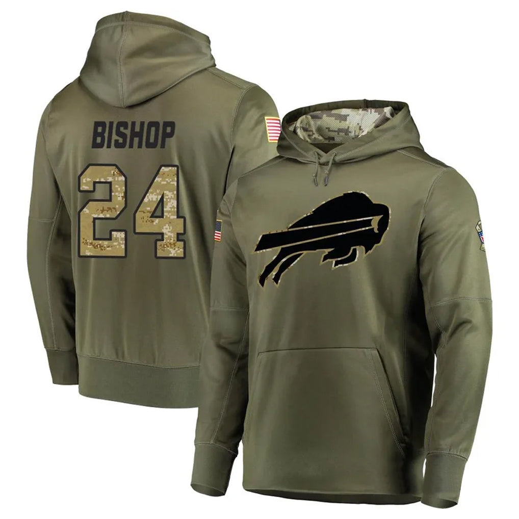 B.Bills #24 Cole Bishop Player Olive Salute to Service Hoodies Game ROCER Stitched Jerseys