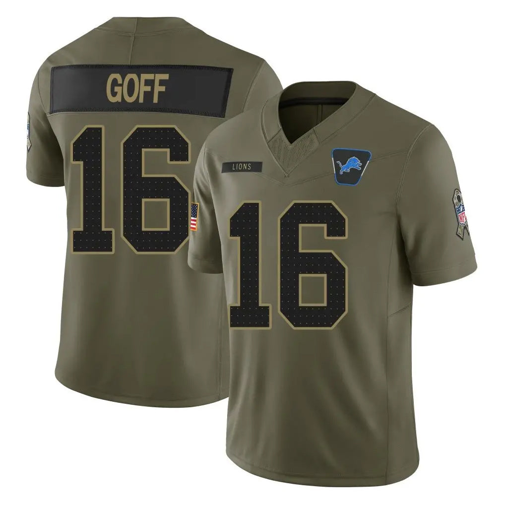 D.Lions #16 Jared Goff Player Olive 2025 Salute To Service Limited Home Game ROCER Stitched Jerseys