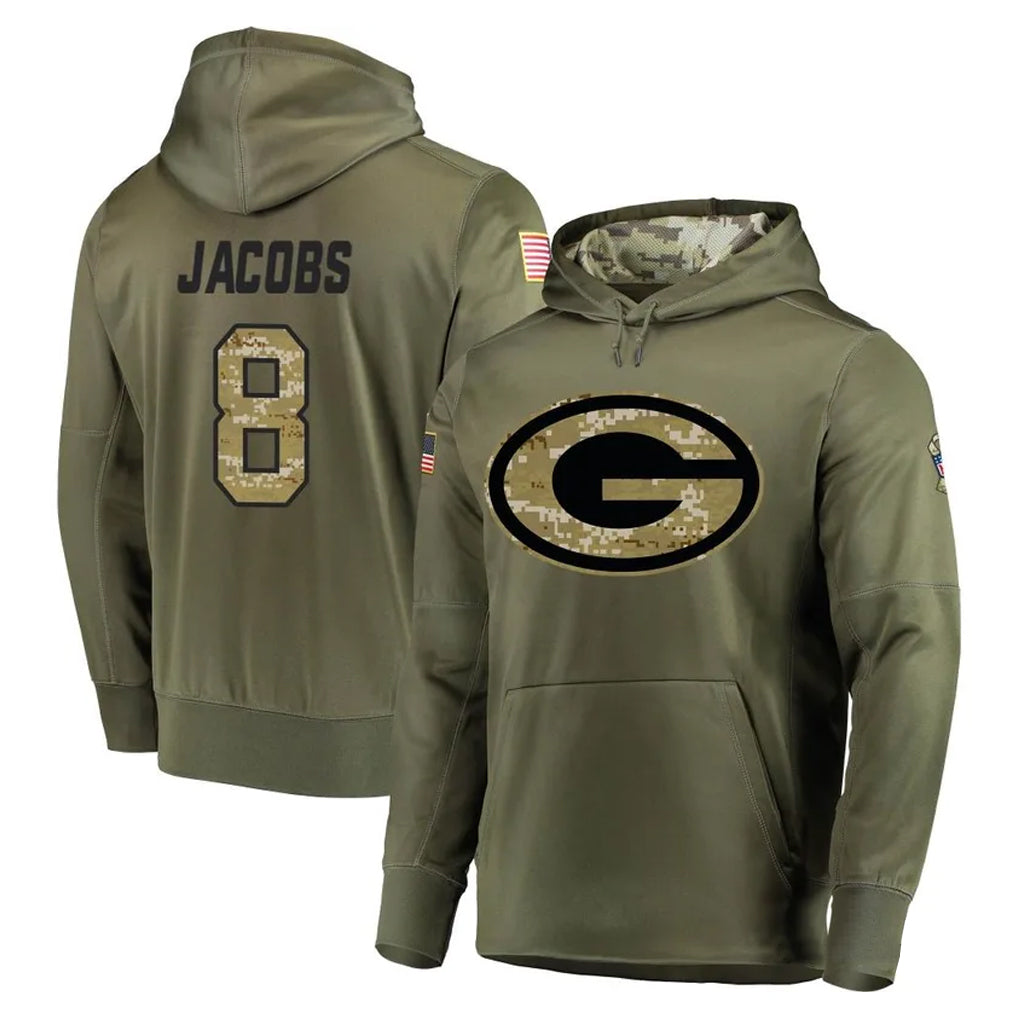 GB.Packers #8 Josh Jacobs Player Olive Salute to Service Pullover Hoodies Home Game ROCER Stitched Jerseys