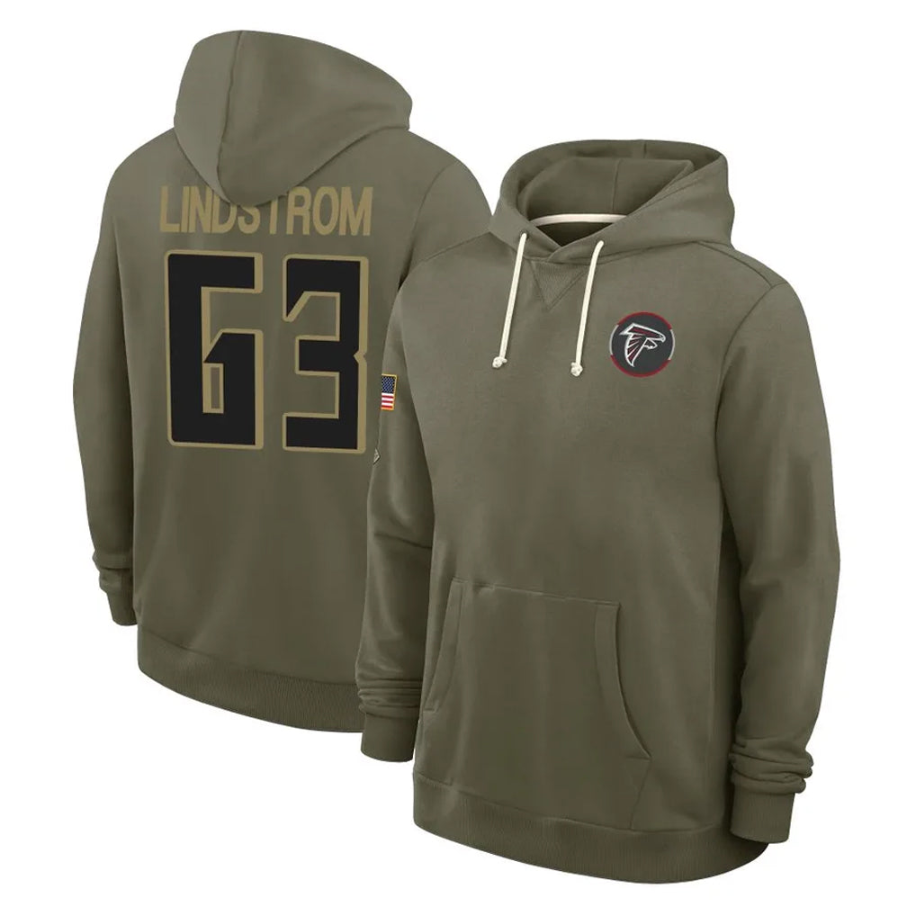 A.Falcons #63 Chris Lindstrom Player Olive 2025 Salute to Service Hoodies ROCER Stitched Jerseys
