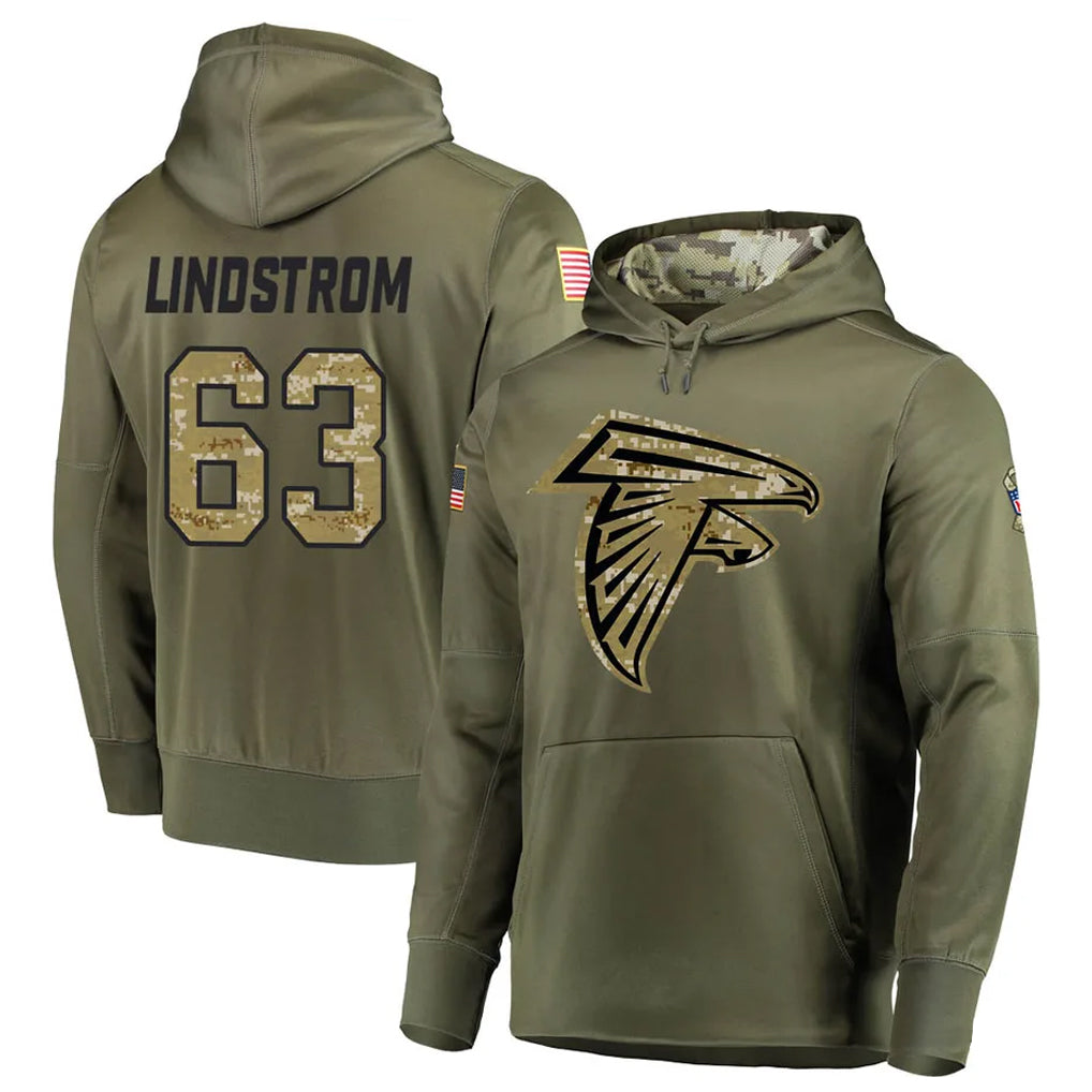 A.Falcons #63 Chris Lindstrom Player Olive Salute to Service Club Fleece Hoodie ROCER Stitched Jerseys