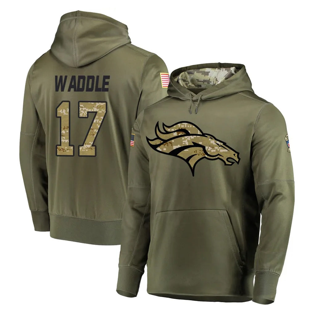 D.Broncos #17 Jaylen Waddle Player Olive Salute to Service Pullover Hoodies Home Game ROCER Stitched Jerseys