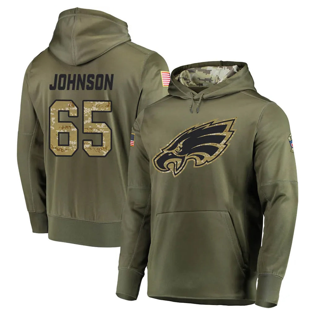 P.Eagles #65 Lane Johnson Player Olive Salute to Service Pullover Hoodies Home Game ROCER Stitched Jerseys