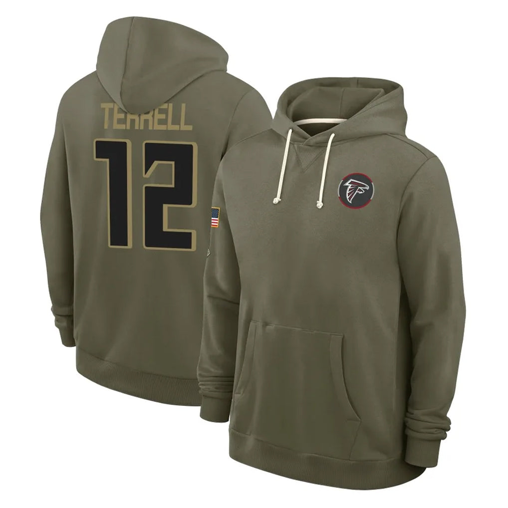 A.Falcons #12 Avieon Terrell Player Olive 2025 Salute to Service Hoodies ROCER Stitched Jerseys