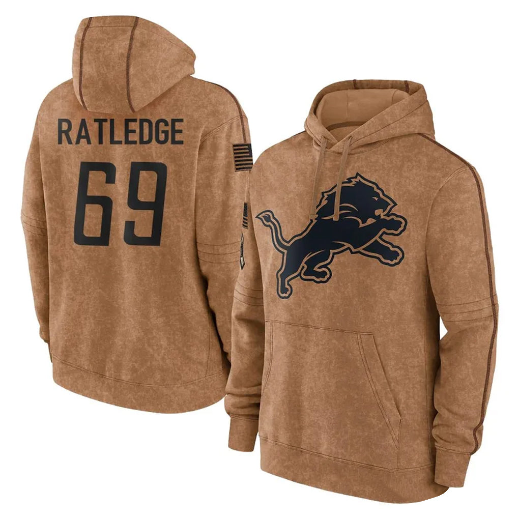 D.Lions #69 Tate Ratledge Player Brown Salute to Service Hoodies Limited Game ROCER Stitched Jerseys