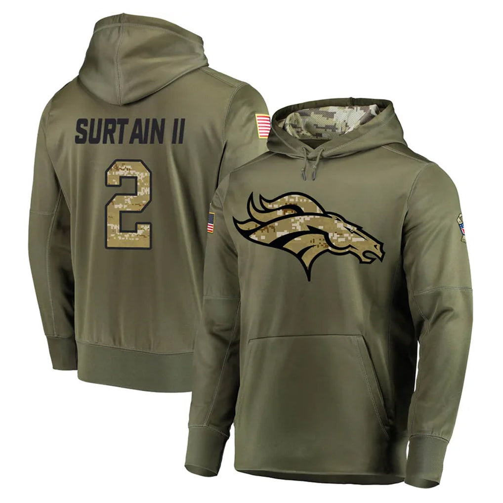 D.Broncos #2 Pat Surtain II Player Olive Salute to Service Pullover Hoodies Home Game ROCER Stitched Jerseys
