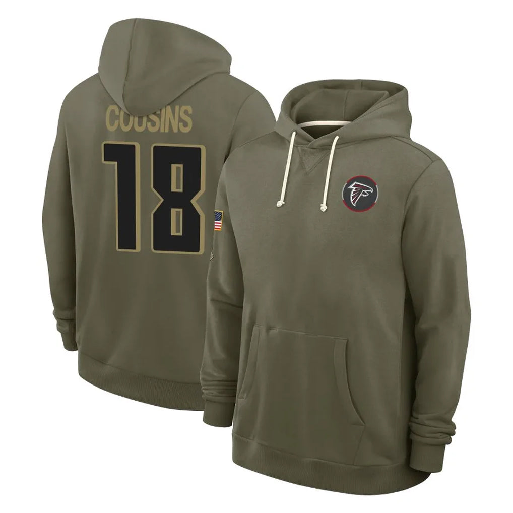 A.Falcons #18 Kirk Cousins Player Olive 2025 Salute to Service Hoodies ROCER Stitched Jerseys