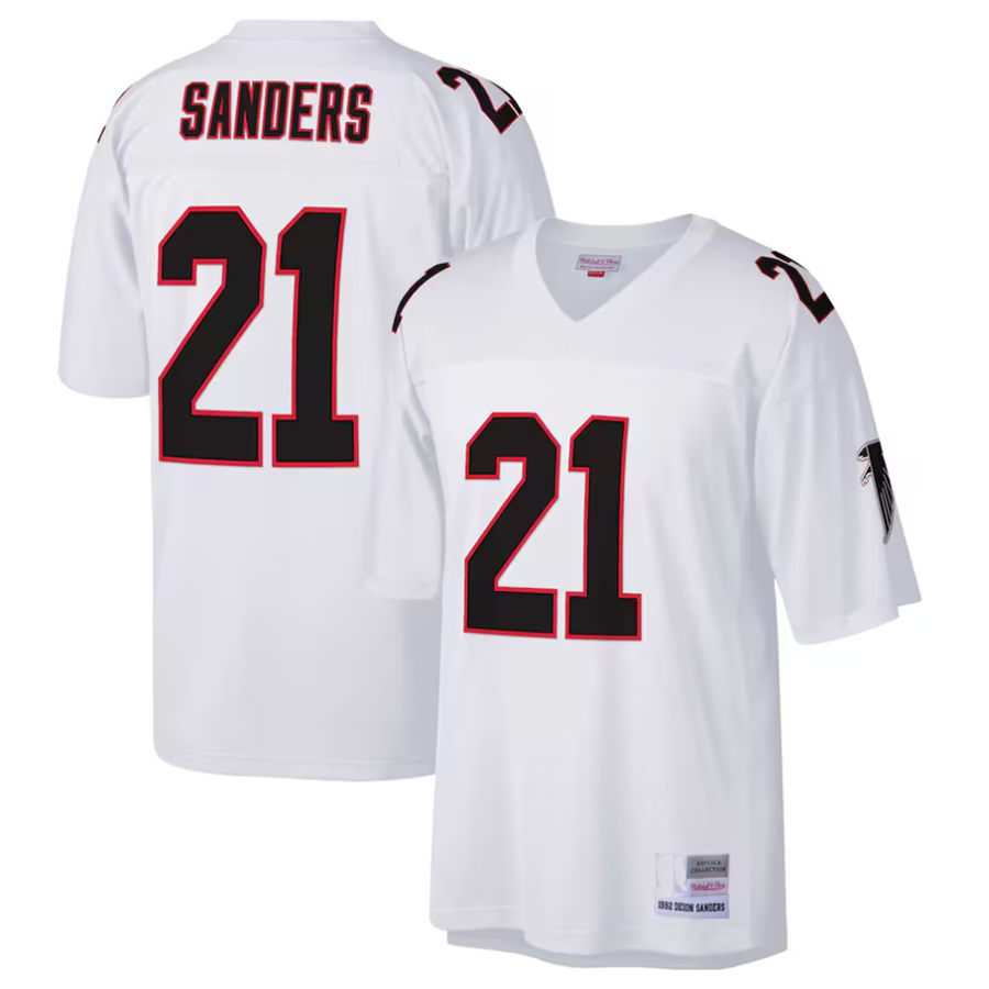 A.Falcons #21 Deion Sanders Player White Mitchell & Ness Big & Tall 1992 Retired Player ROCER Stitched Jerseys