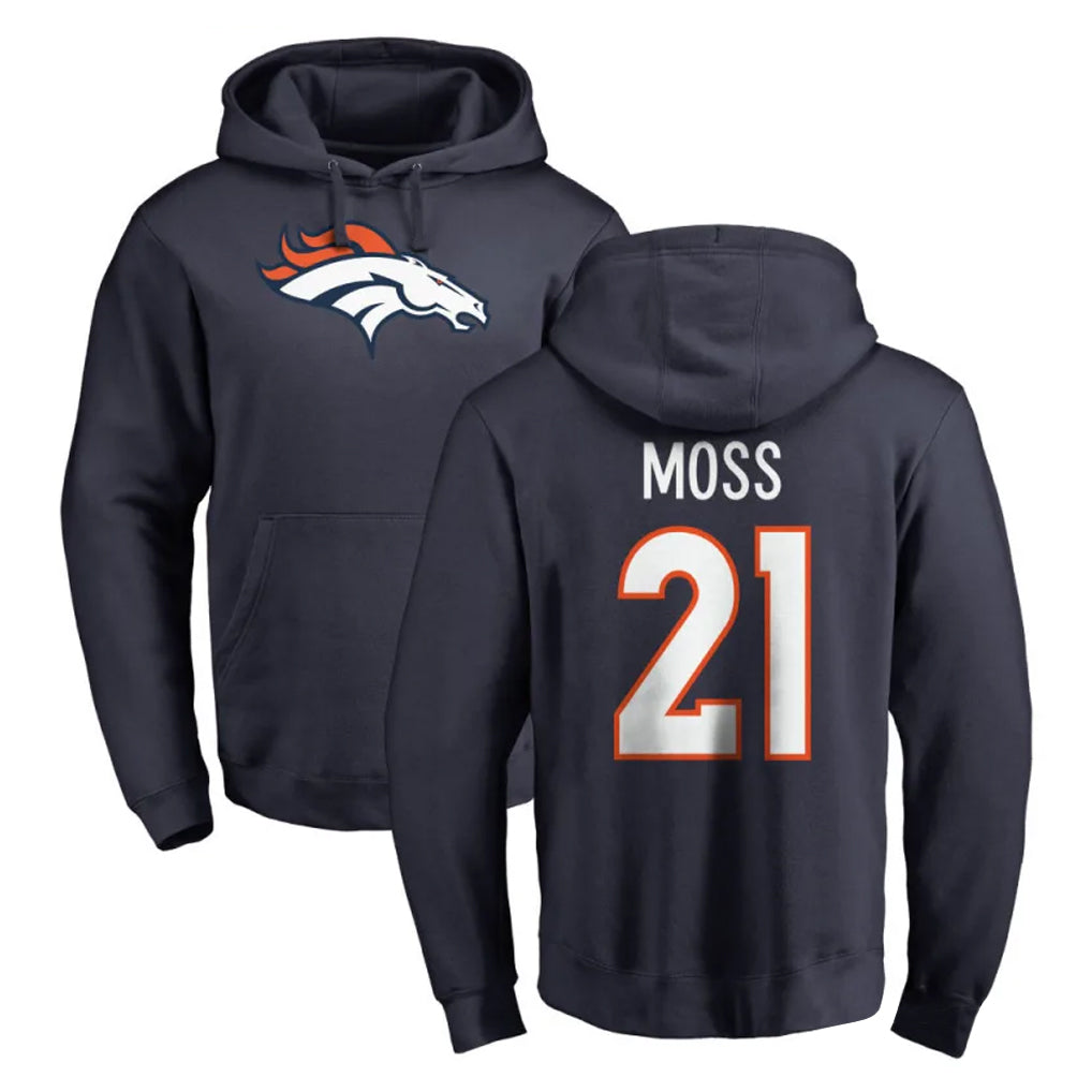 D.Broncos #21 Riley Moss Player Navy Pullover Hoodie Limited ROCER Stitched Jerseys