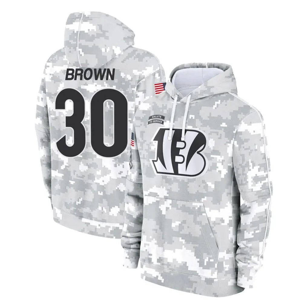 C.Bengals #30 Chase Brown Player Arctic Camo Salute to Service Pullover Hoodie Limited ROCER Stitched Jerseys