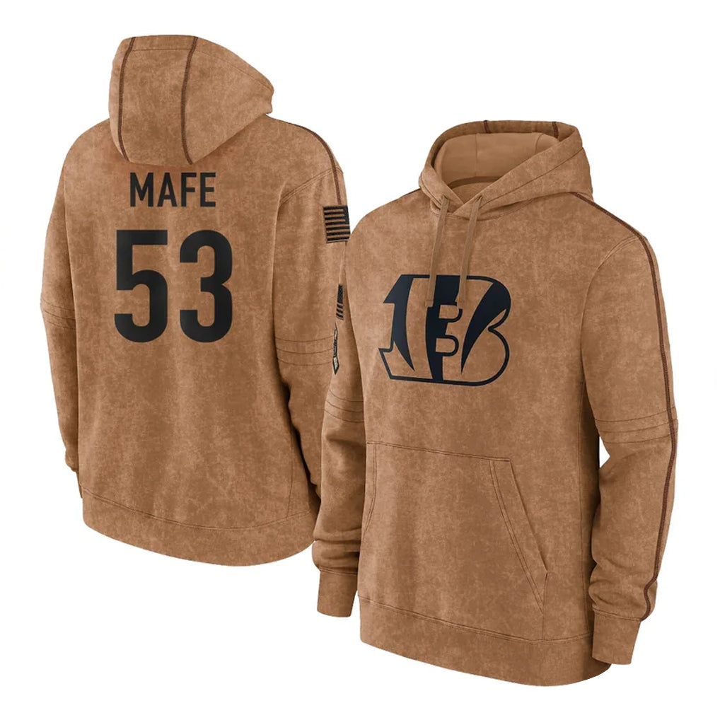 C.Bengals #53 Boye Mafe Player Brown Salute to Service Pullover Hoodie Limited ROCER Stitched Jerseys