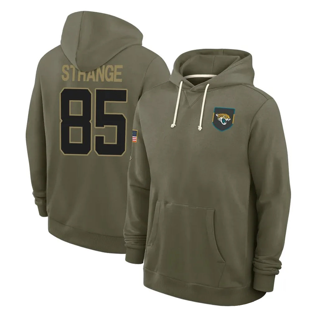 J.Jaguars #85 Brenton Strange Player Olive Salute to Service Pullover Hoodies Limited ROCER Stitched Jerseys