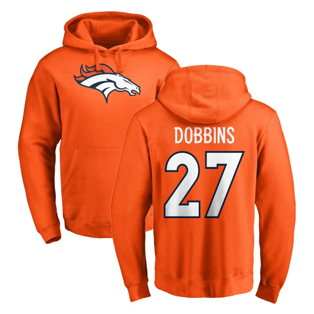 D.Broncos #27 J.K. Dobbins Player Orange Pullover Hoodie Limited ROCER Stitched Jerseys