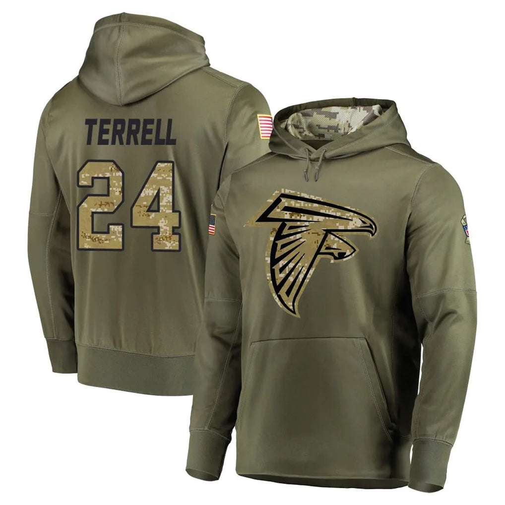 A.Falcons #24 A.J. Terrell Jr. Player Olive Salute to Service Club Fleece Hoodie ROCER Stitched Jerseys