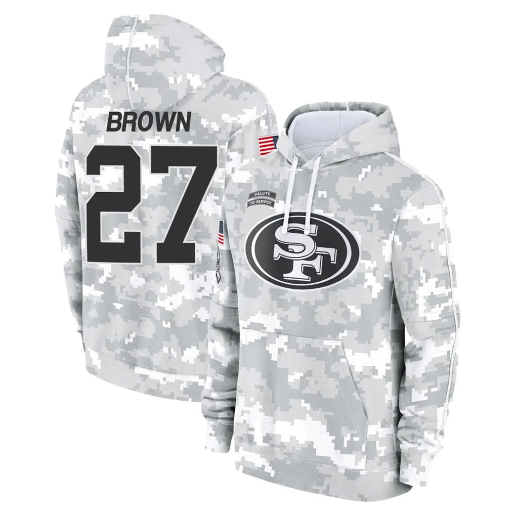 SF.49ers #27 Ji'Ayir Brown Player Arctic Camo Limited Salute to Service Pullover Hoodies Game ROCER Stitched Jerseys