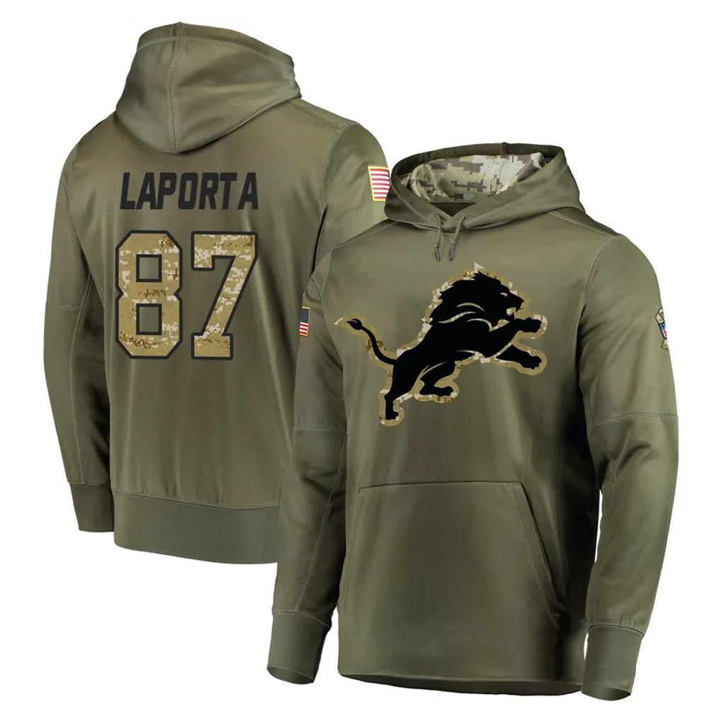 D.Lions #87 Sam LaPorta Player Olive Salute to Service Pullover Hoodies Home Game ROCER Stitched Jerseys
