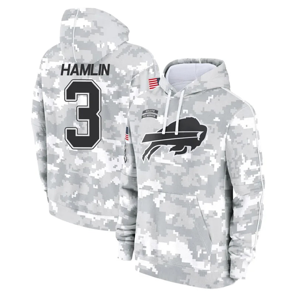 B.Bills #3 Damar Hamlin Player Arctic Camo Salute to Service Hoodies Game ROCER Stitched Jerseys