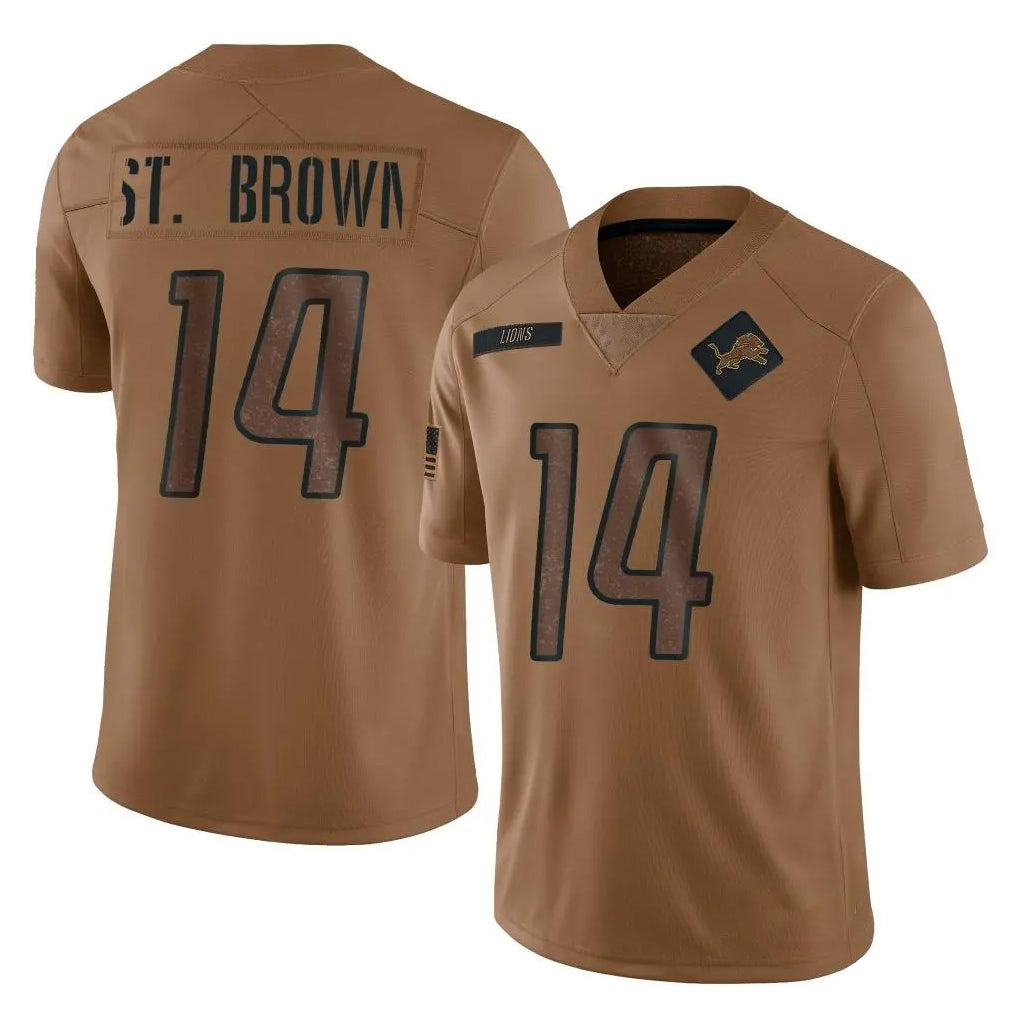 D.Lions #14 Amon-Ra St. Brown Player Brown Salute To Service Limited ROCER Stitched Jerseys