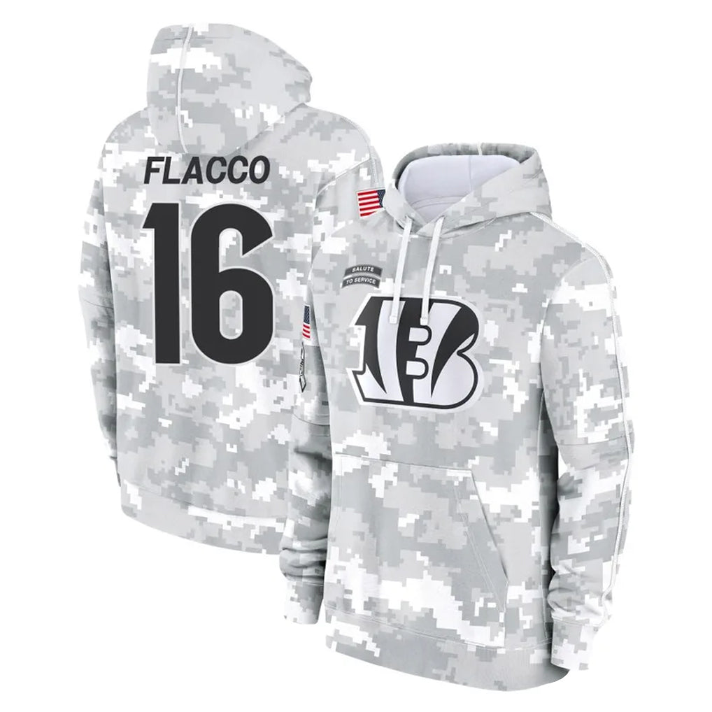 C.Bengals #16 Joe Flacco Player Arctic Camo Salute to Service Pullover Hoodie Limited ROCER Stitched Jerseys
