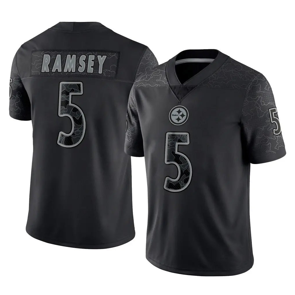 P.Steelers #5 Jalen Ramsey Player Black Reflective Limited Home Game ROCER Stitched Jerseys