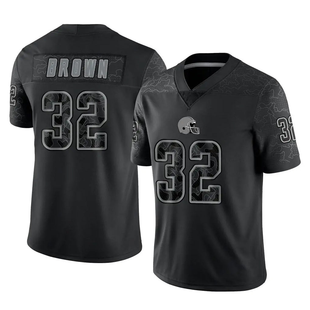 C.Browns #32 Jim Brown Player Black Reflective Home Game ROCER Stitched Jerseys