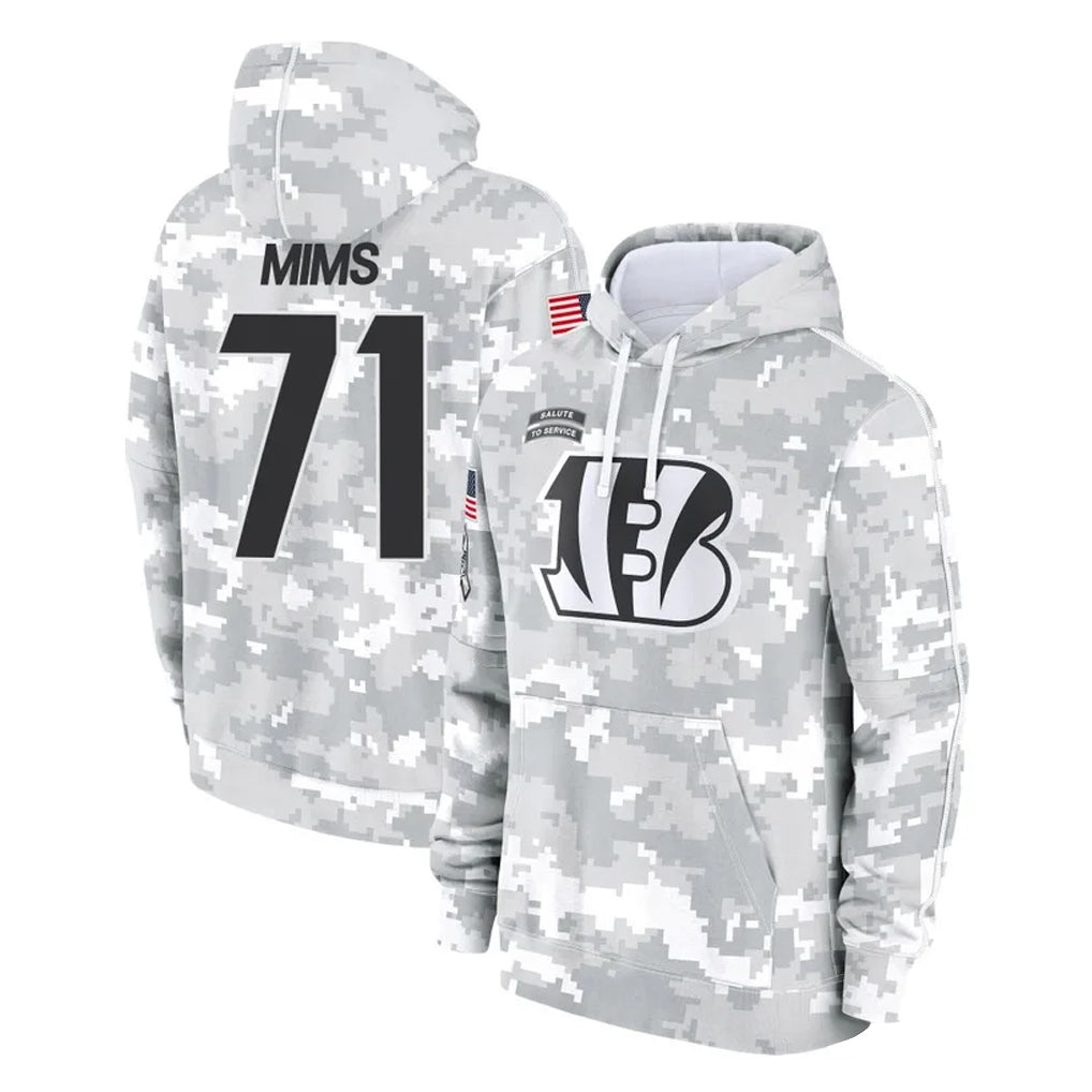 C.Bengals #71 Amarius Mims Player Arctic Camo Salute to Service Pullover Hoodie Limited ROCER Stitched Jerseys