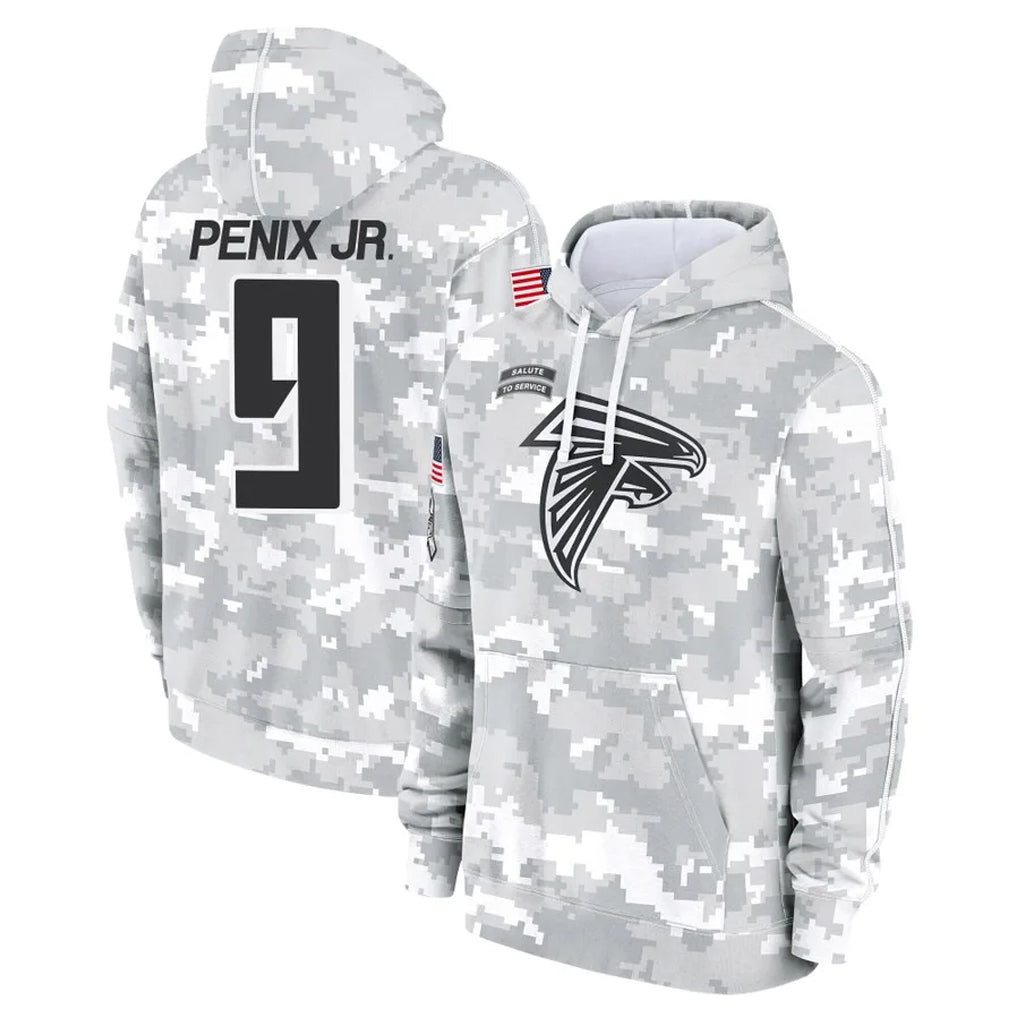 A.Falcons #9 Michael Penix Jr. Player Arctic Camo Salute to Service Limited Hoodie ROCER Stitched Jerseys