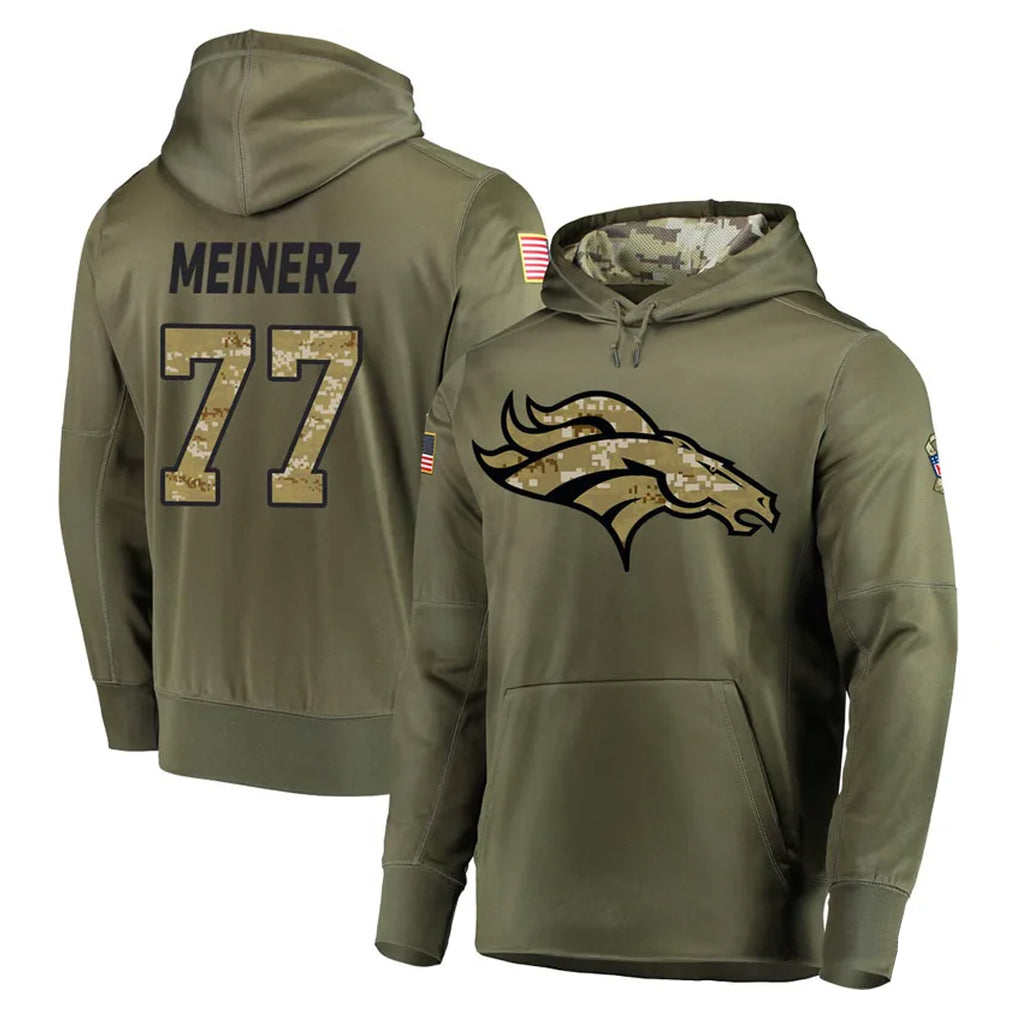 D.Broncos #77 Quinn Meinerz Player Olive Salute to Service Pullover Hoodies Home Game ROCER Stitched Jerseys