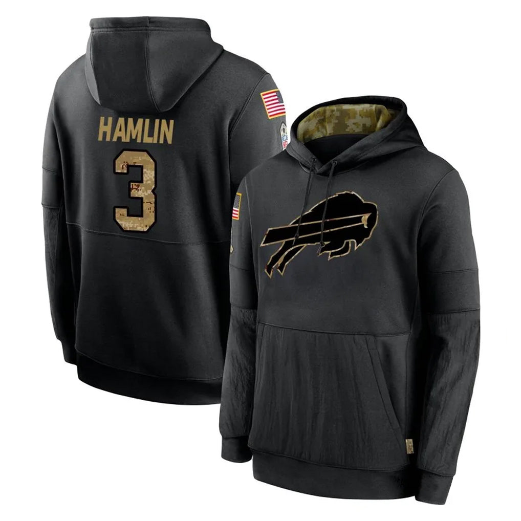 B.Bills #3 Damar Hamlin Player Black Salute to Service Hoodies ROCER Stitched Jersey