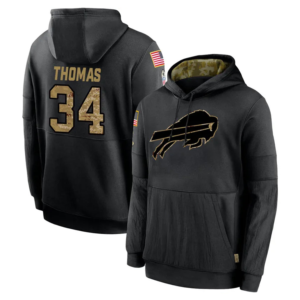 B.Bills #34 Thurman Thomas Player Black Salute to Service Hoodies Hame ROCER Stitched Jerseys